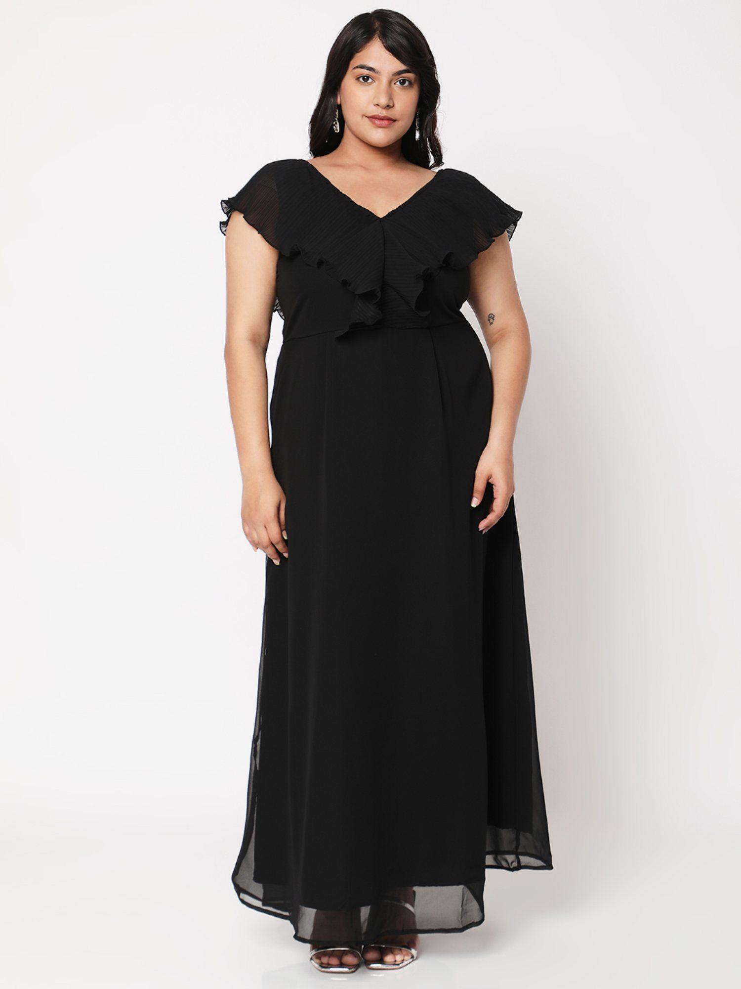 black solid pleated maxi dress