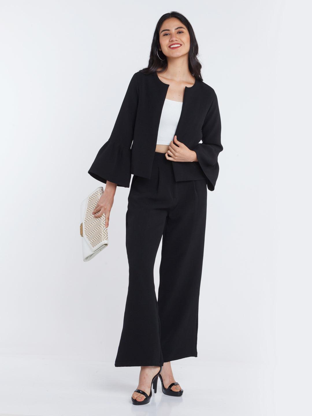 black solid pleated trouser for women