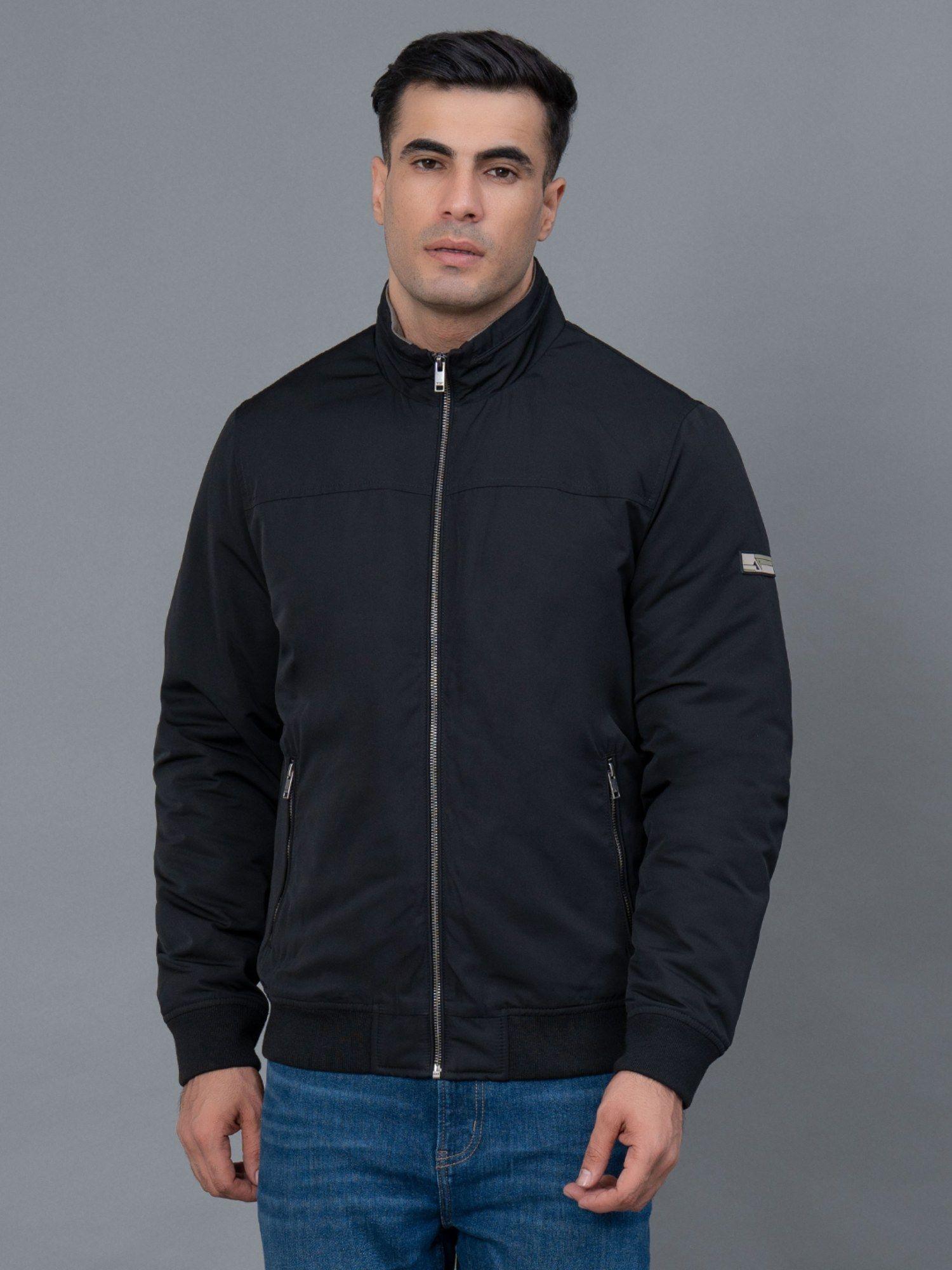 black solid polyester men's bomber jacket