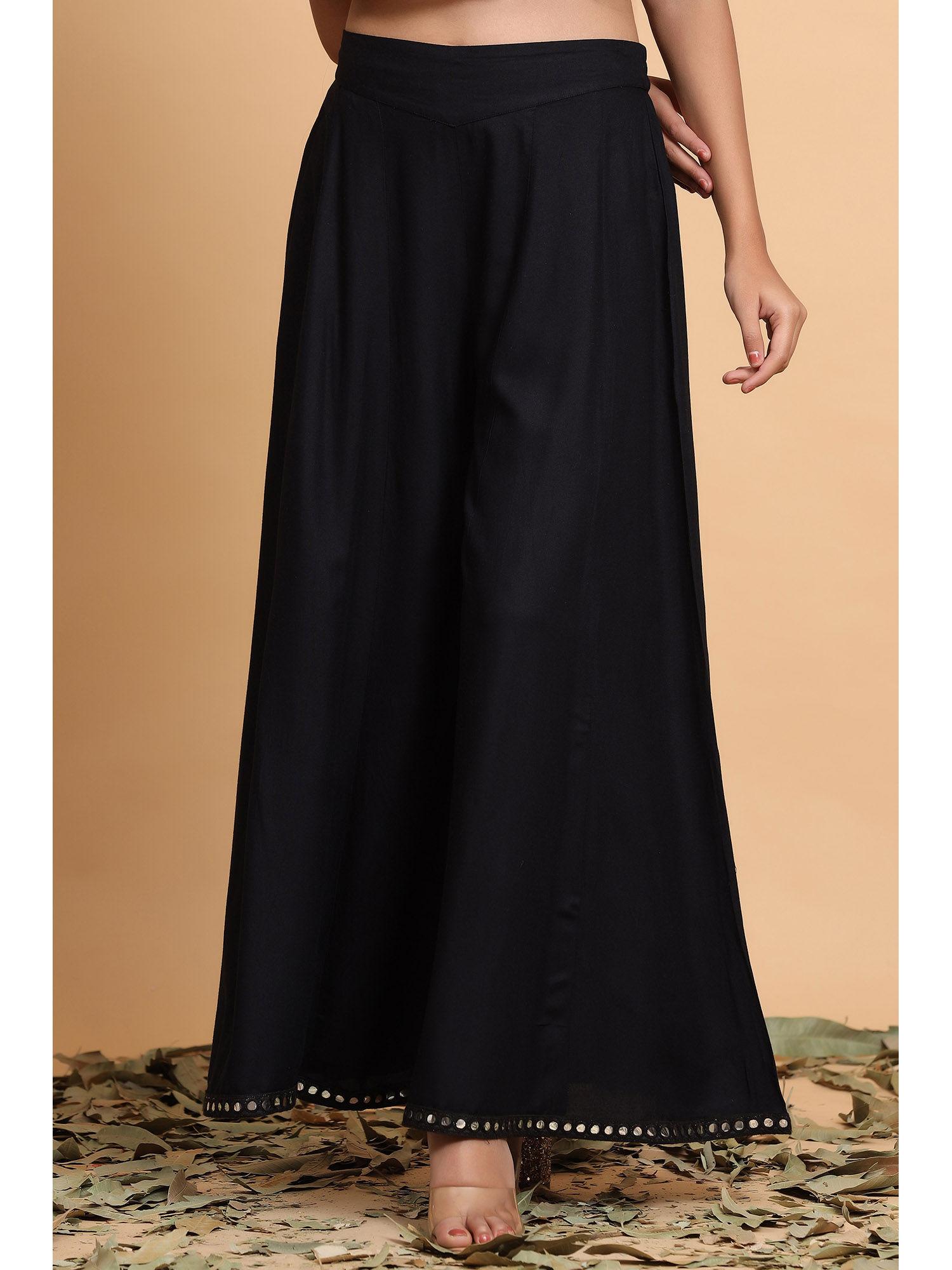 black solid rayon flared ankle-length palazzo.