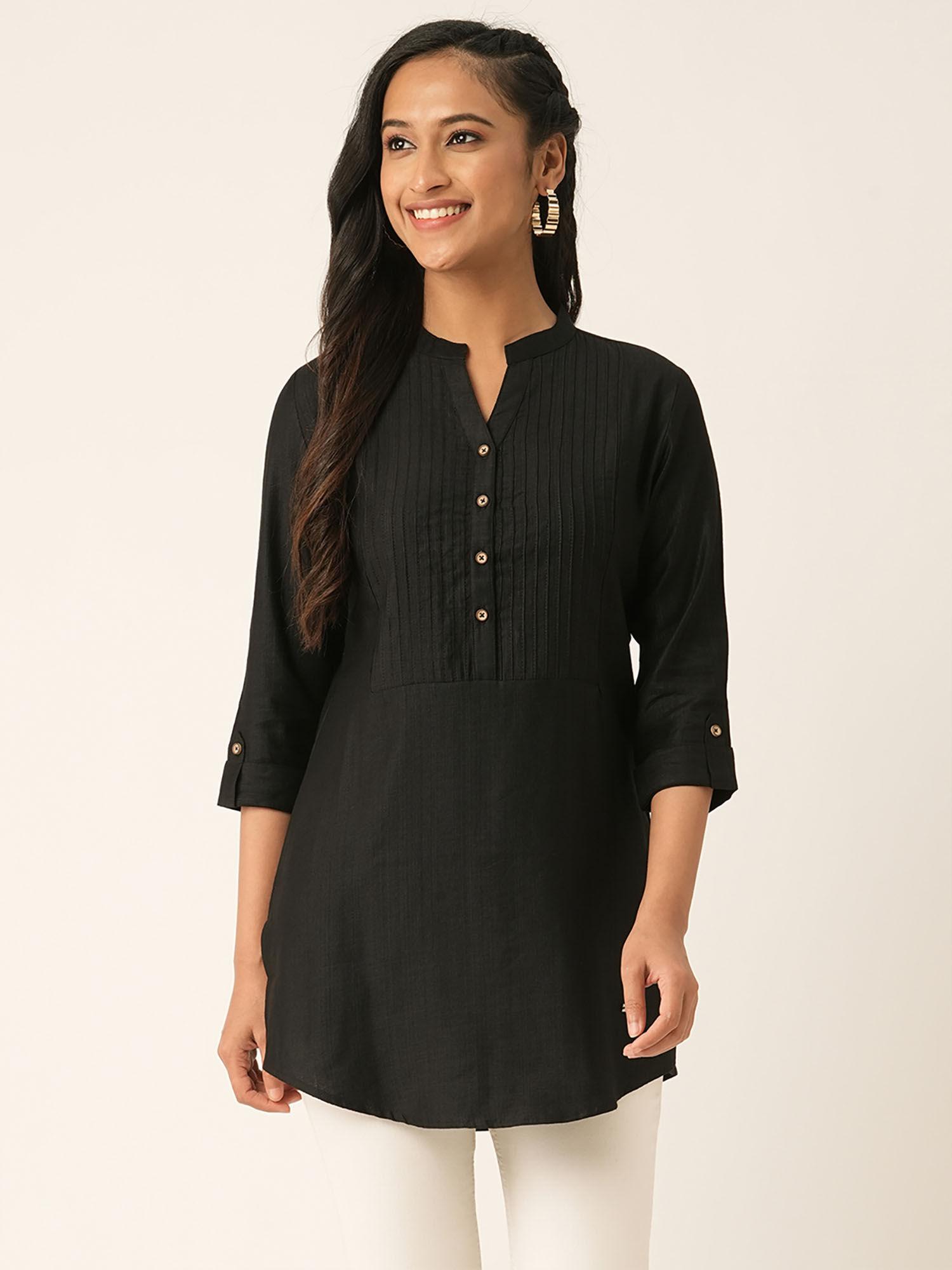 black solid rayon stitched short kurti for women