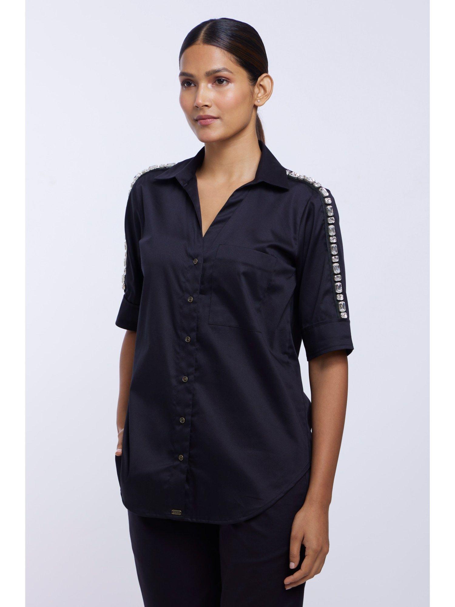 black solid rectangle swarovski ribbon shirt