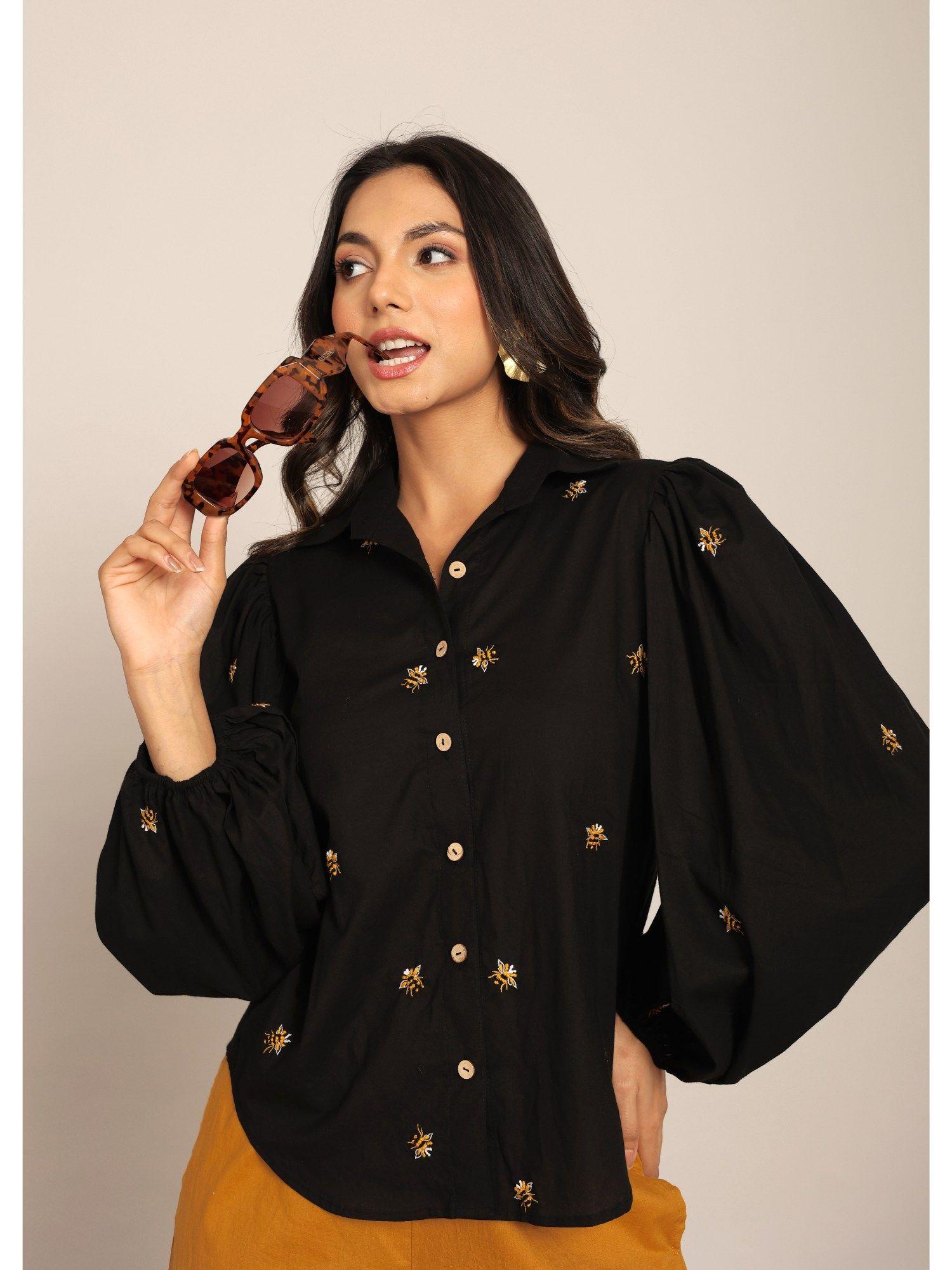 black solid relaxed shirt closer buttons