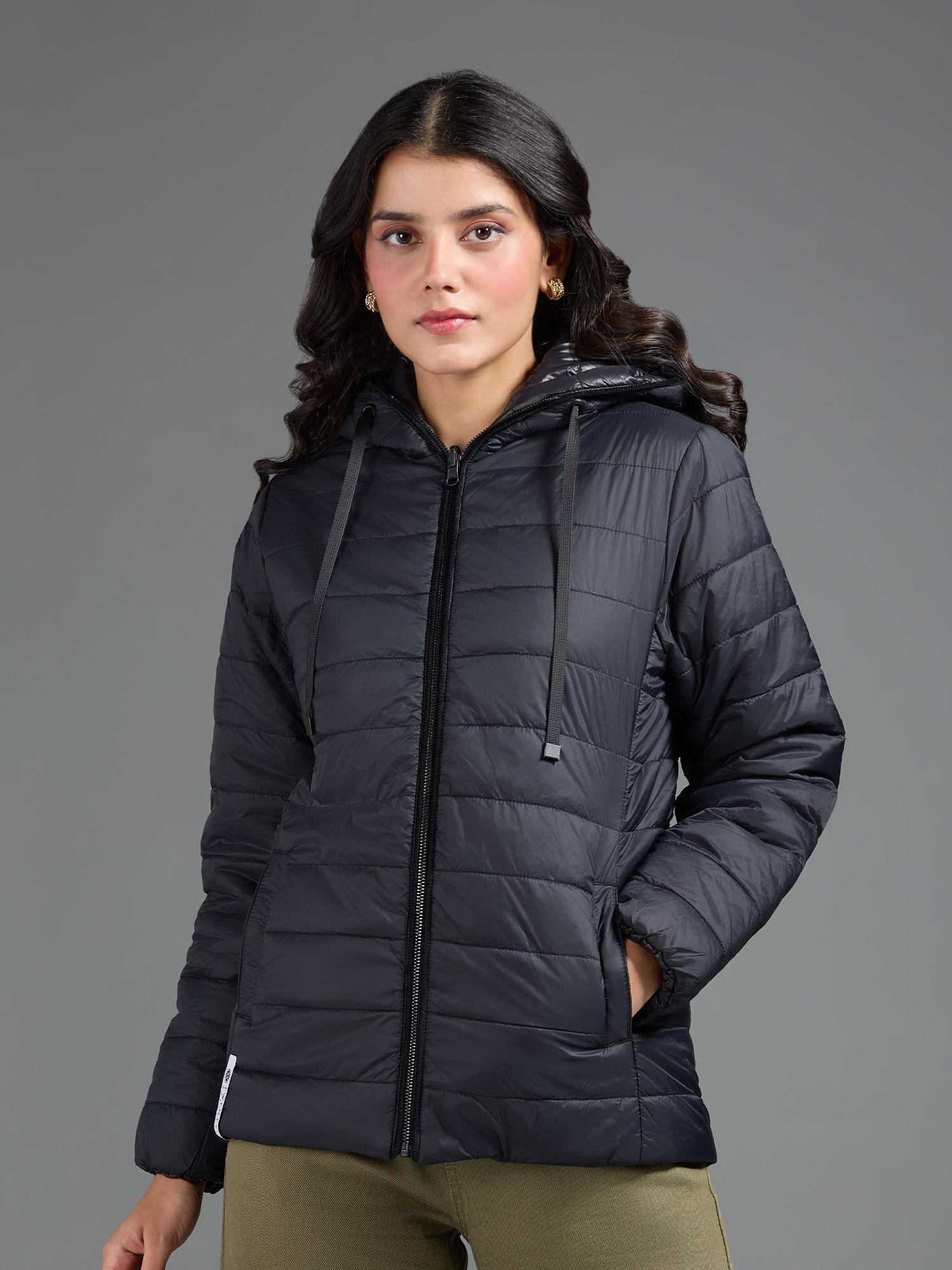 black solid reversible hooded quilted puffer jacket