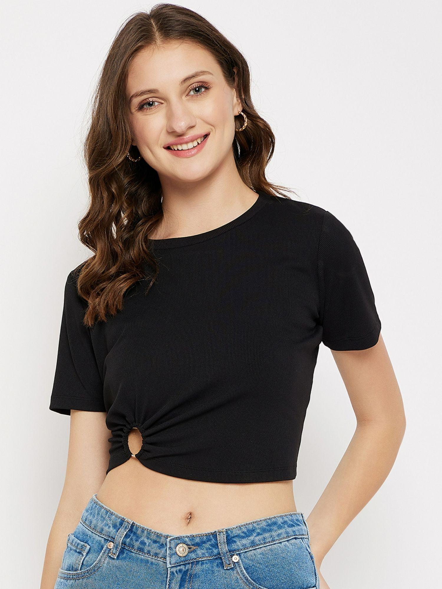 black solid round neck crop tops