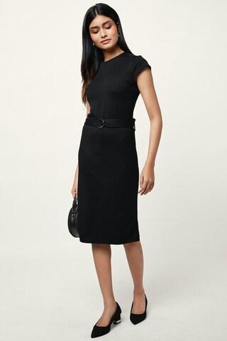 black solid round neck formal knee length cap sleeves women regular fit dress