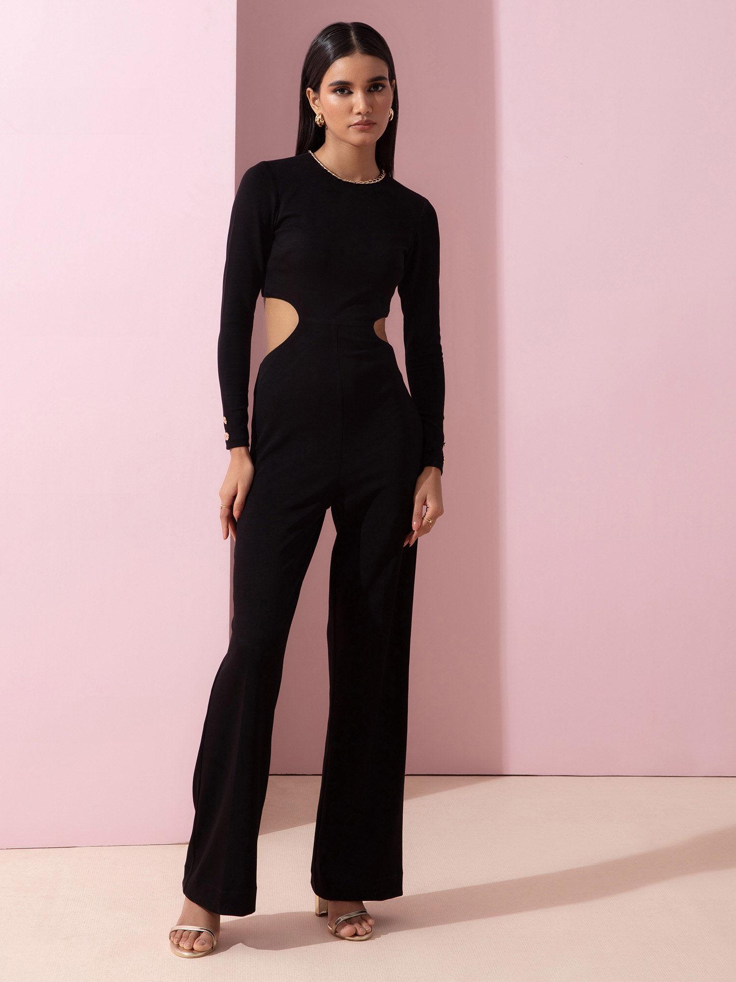 black solid round neck jumpsuit