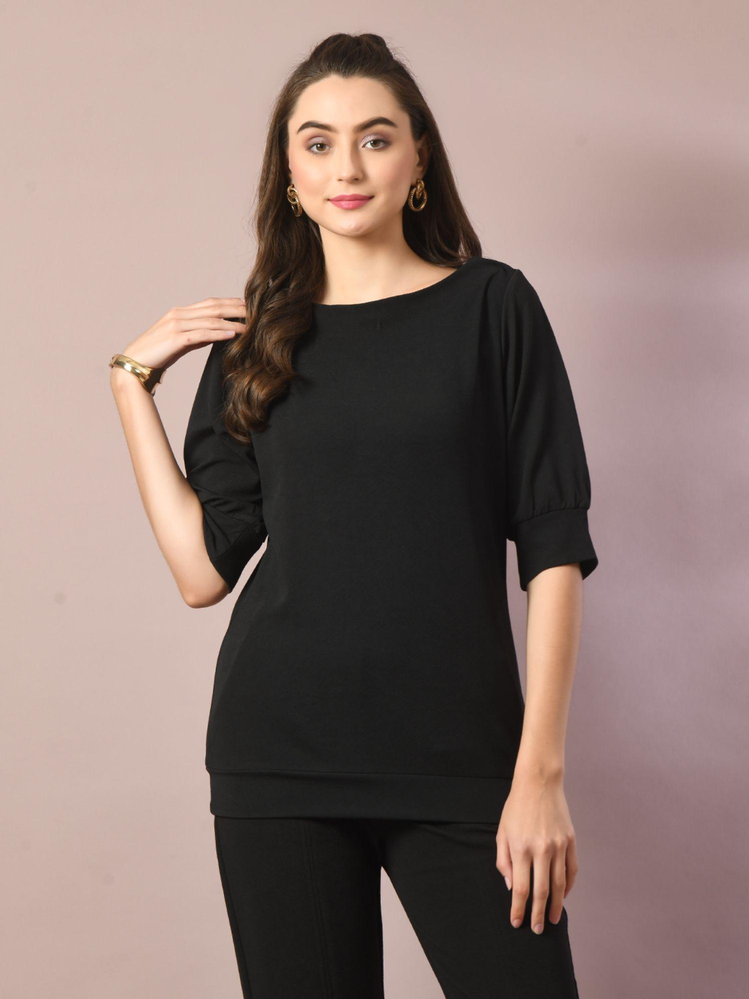 black solid round neck party top