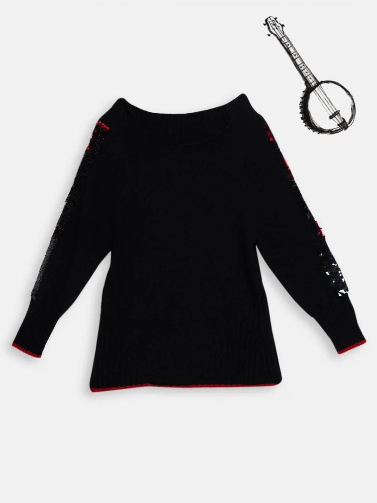 black solid round neck sweater