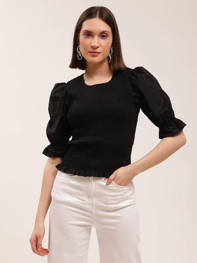 black solid round neck top