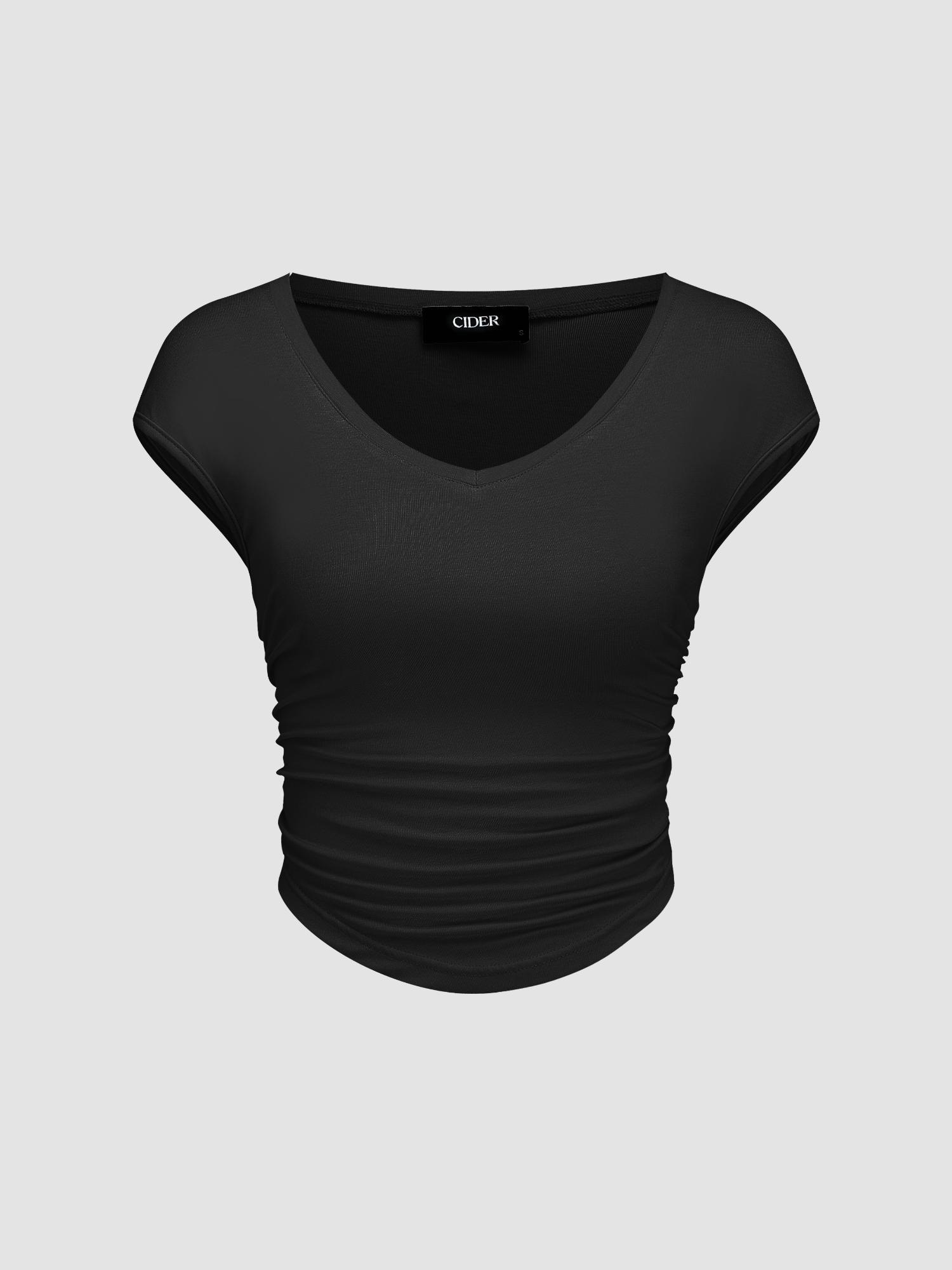 black solid ruched short sleeve top