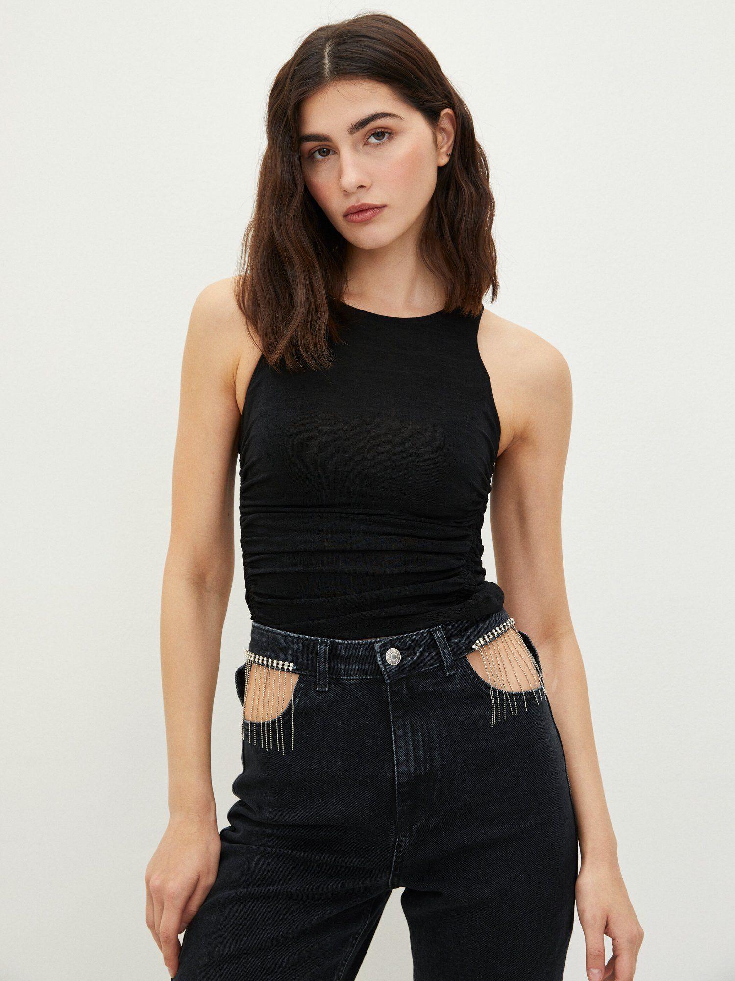 black solid ruffle detail tank top