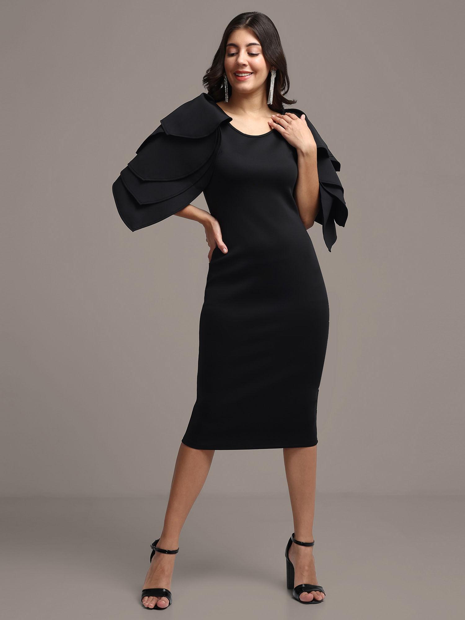 black solid ruffle sleeve bodycon midi dress