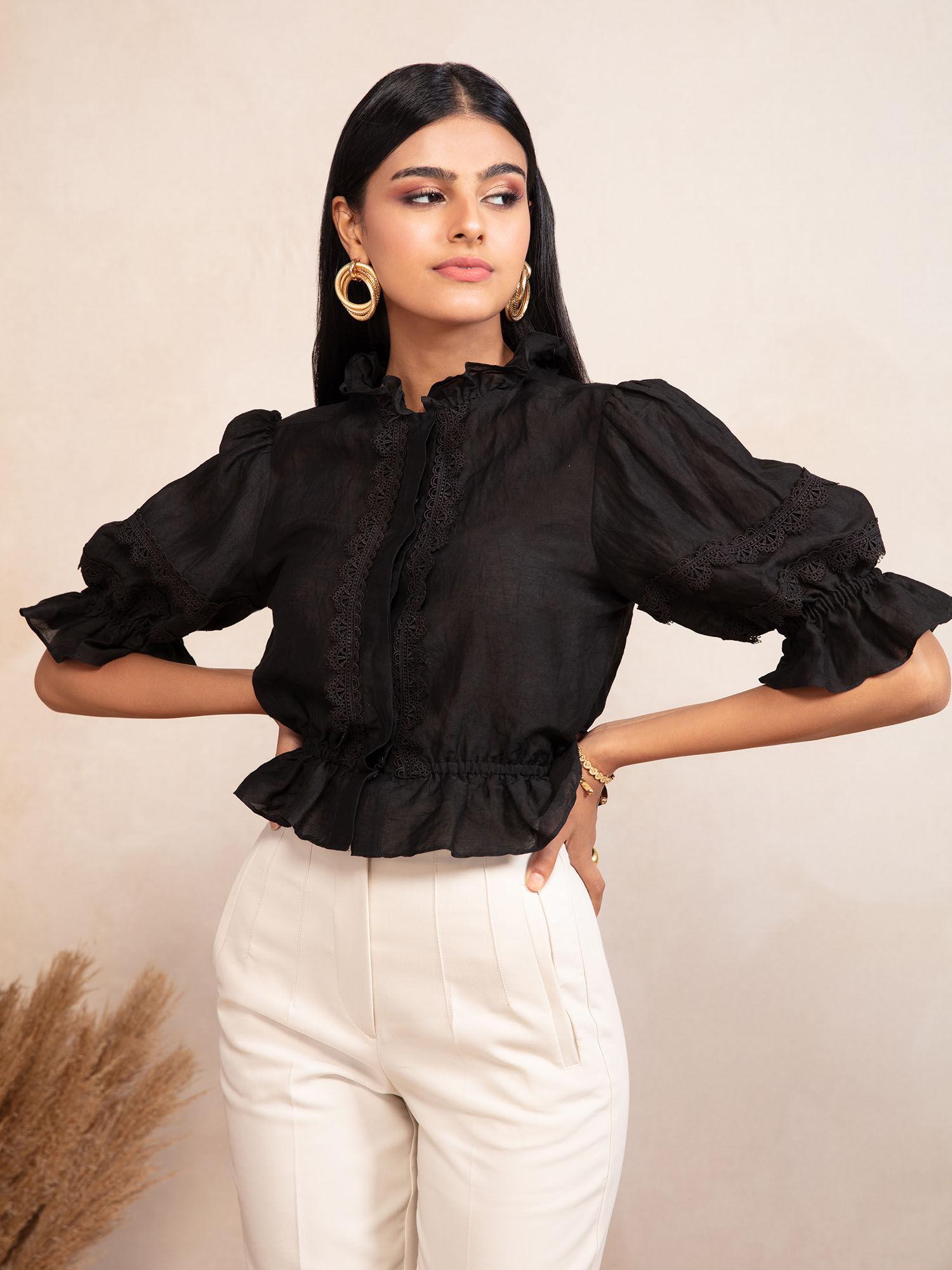 black solid ruffled neck linen crop top