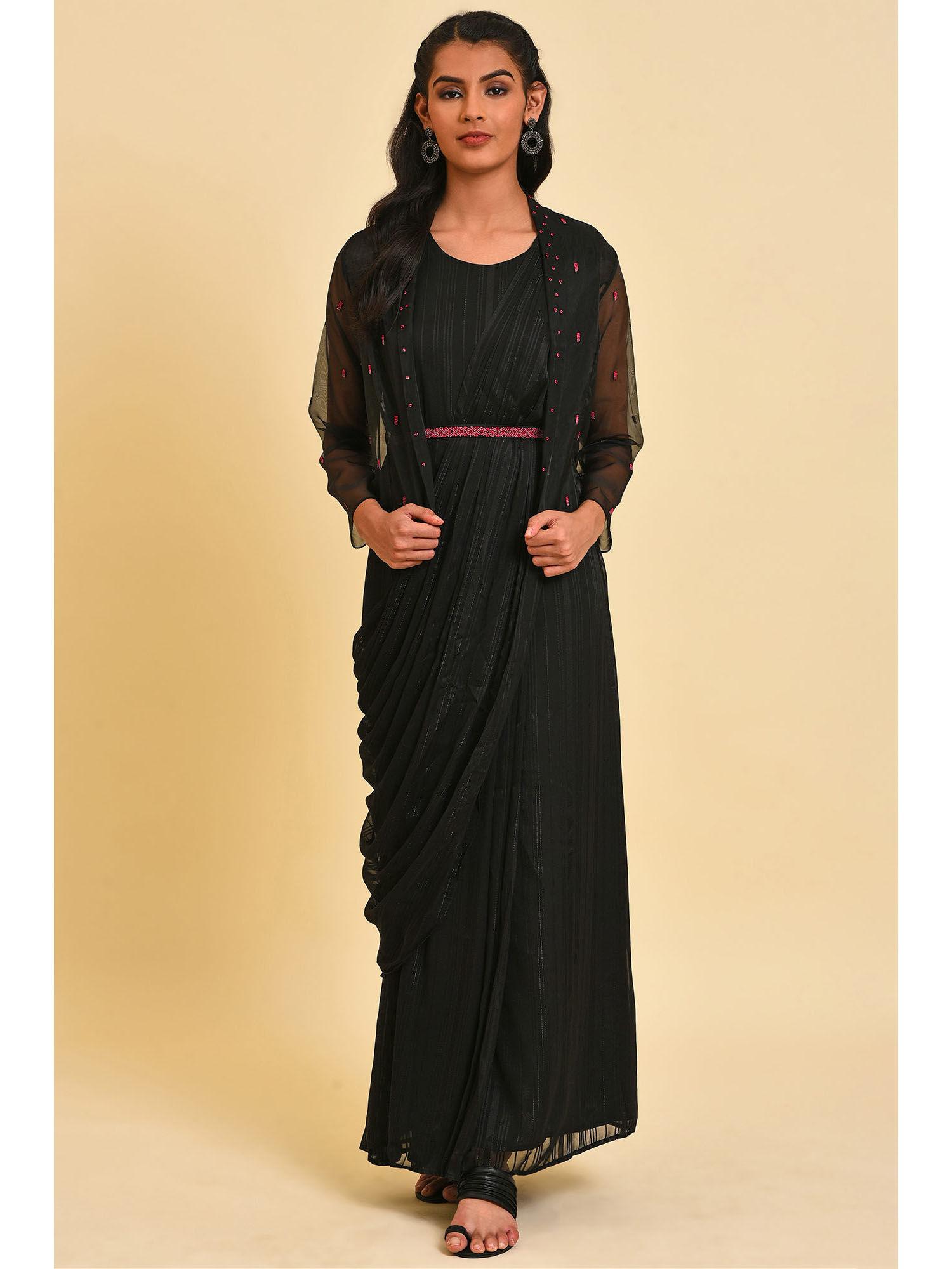 black solid saree dress and jacket (set of 3)