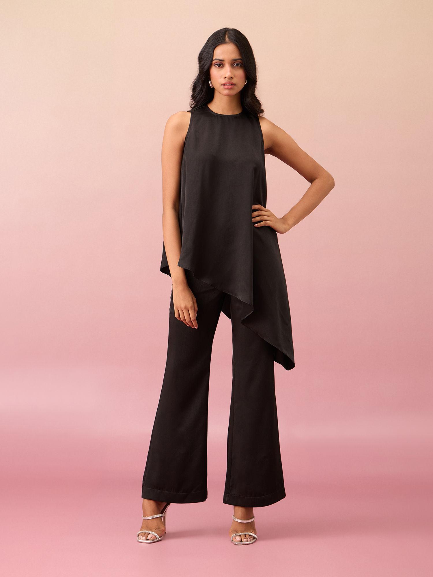 black solid satin asymmetric top fit and flare pant co-ord (set of 2)