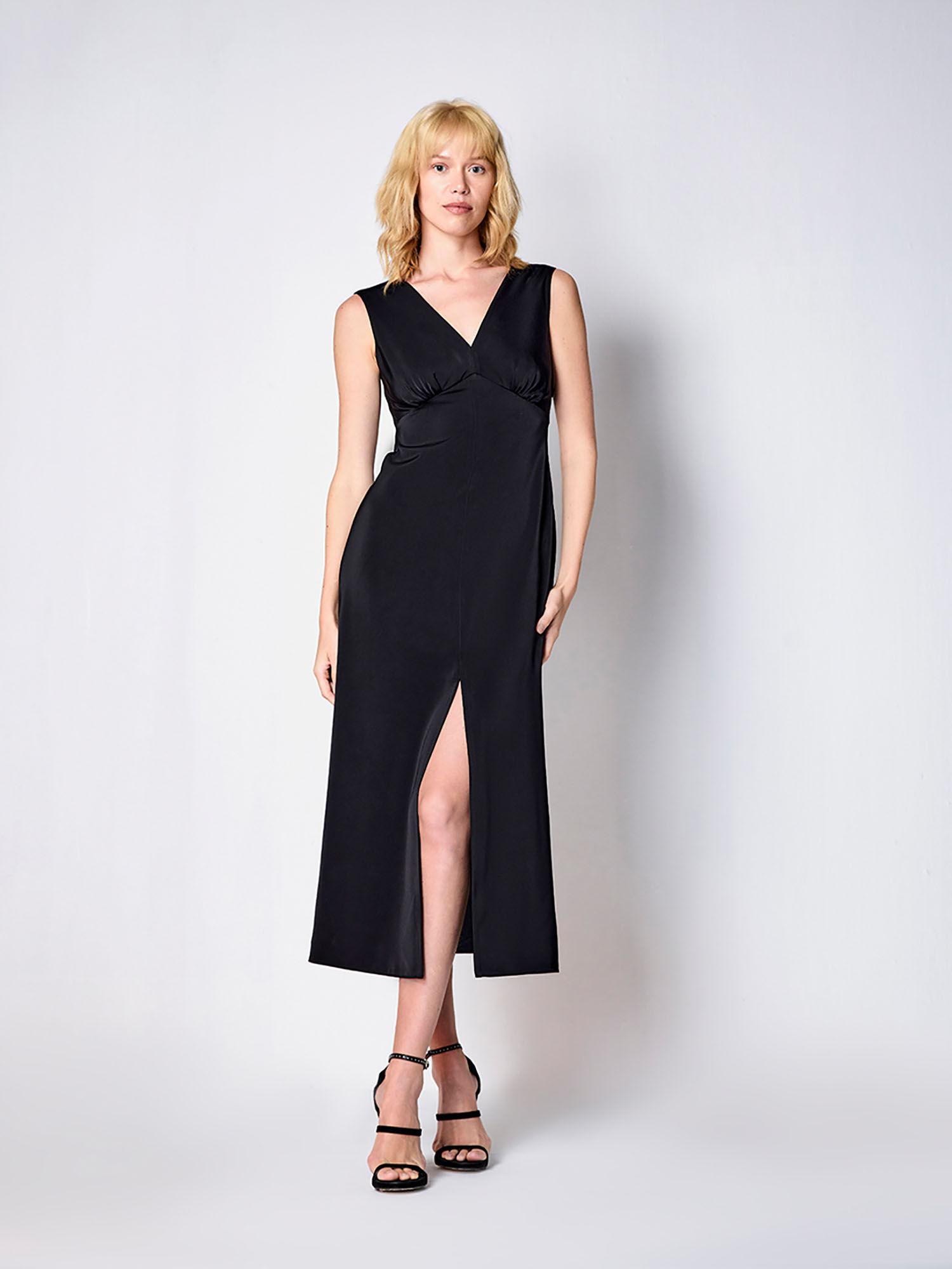 black solid satin midi dress