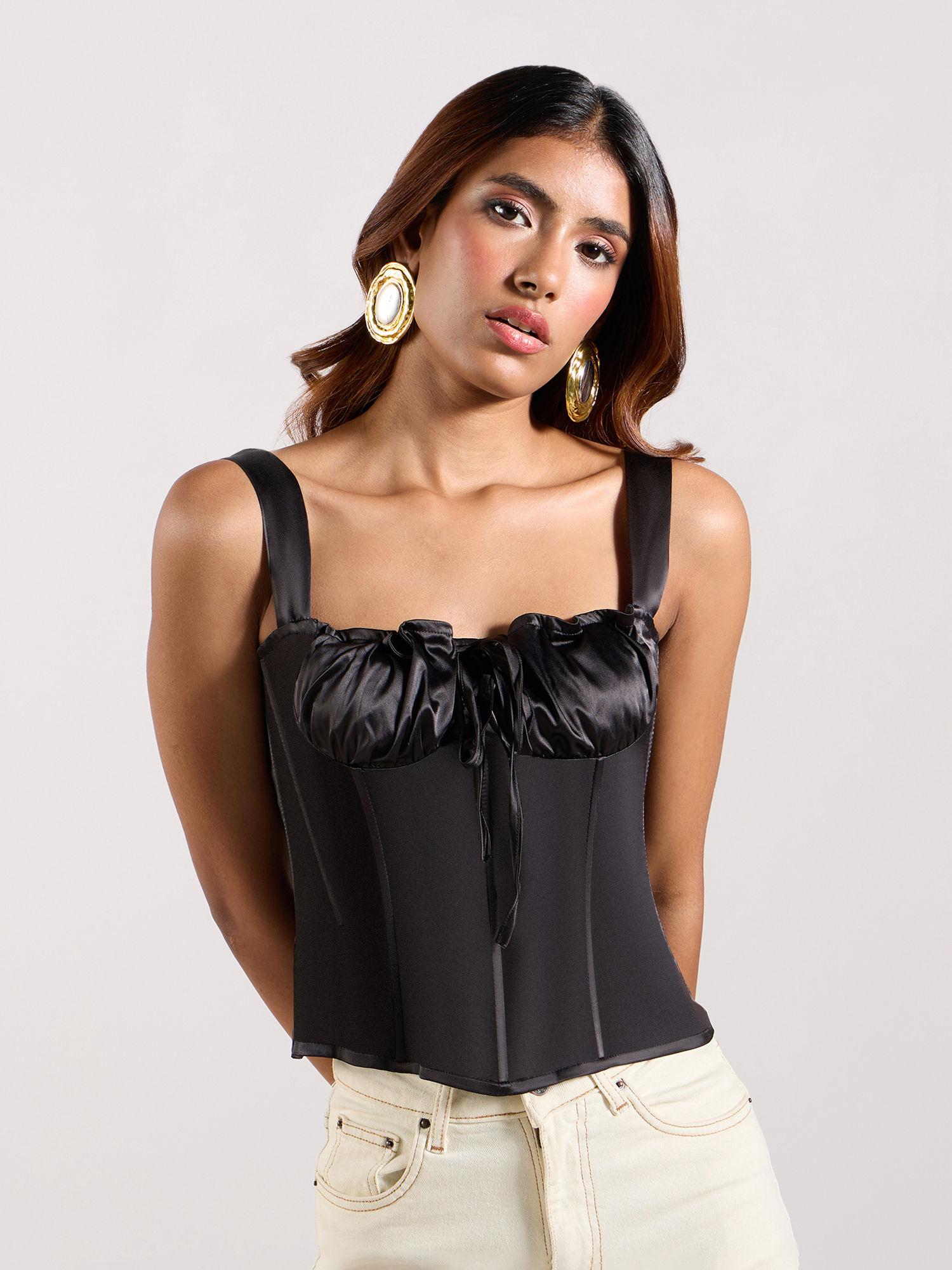 black solid satin square neck ruched corset top