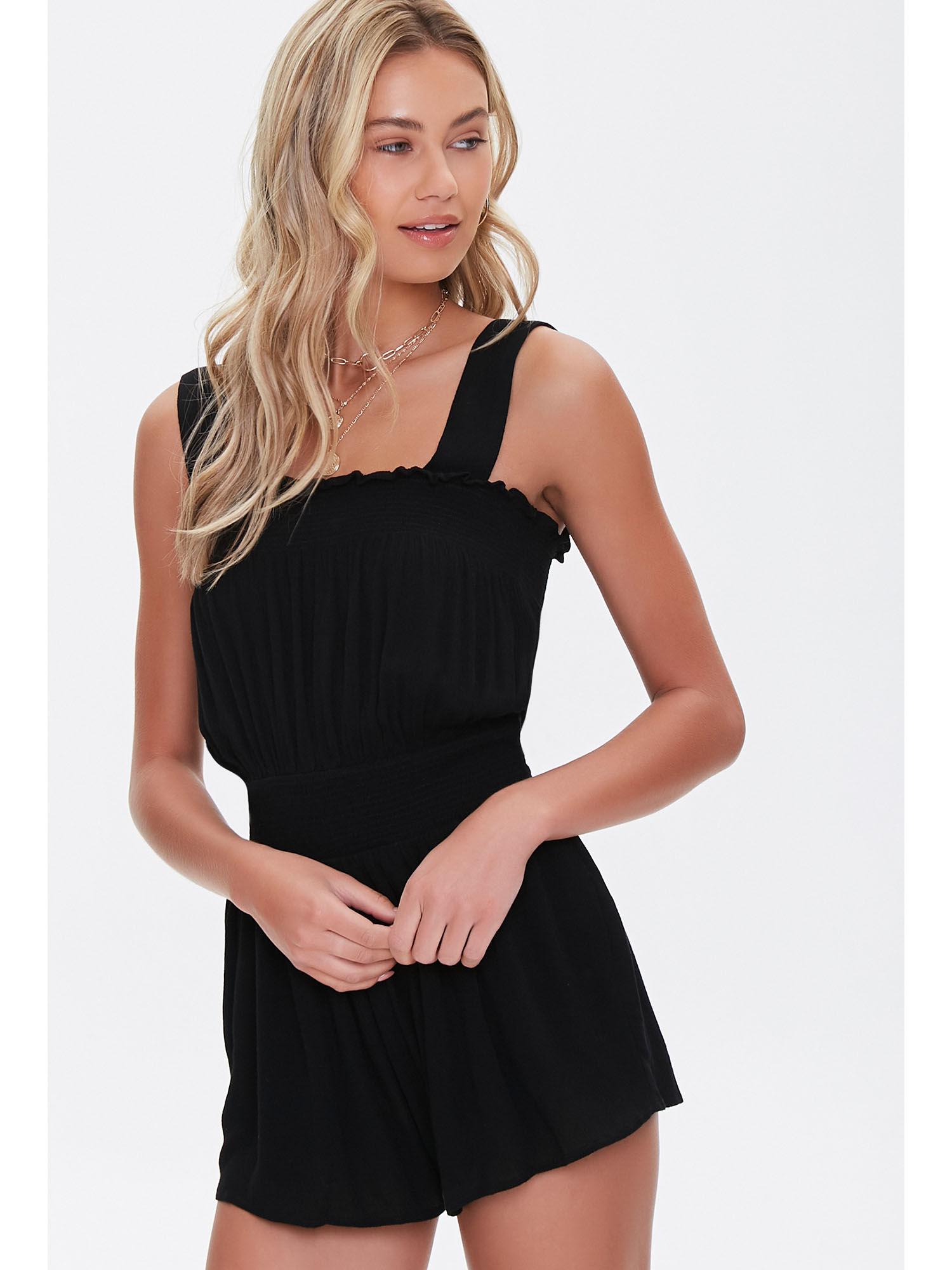 black solid shirred lettuce-edge romper