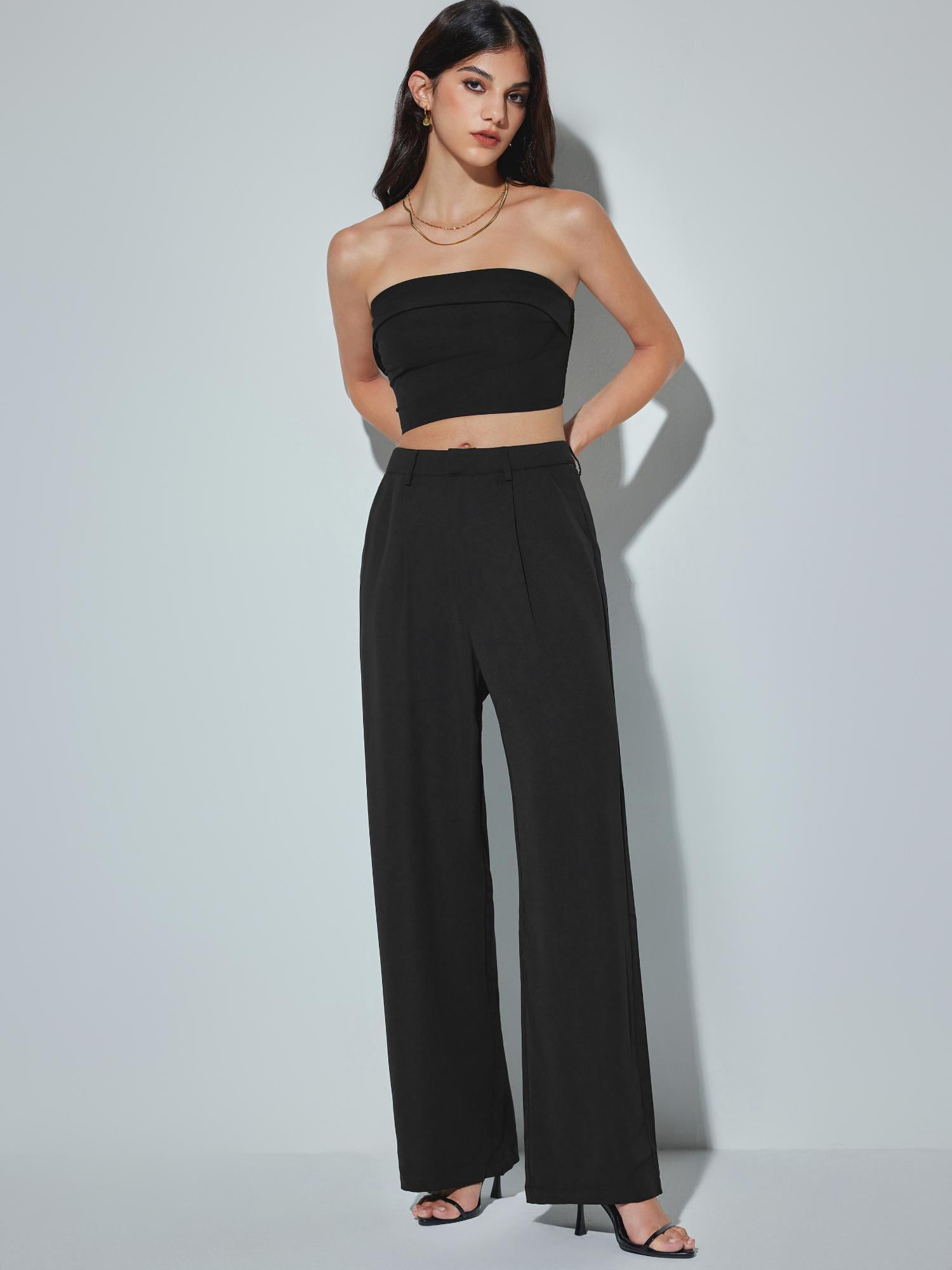 black solid shirred tube top and high waist pant (set of 2)