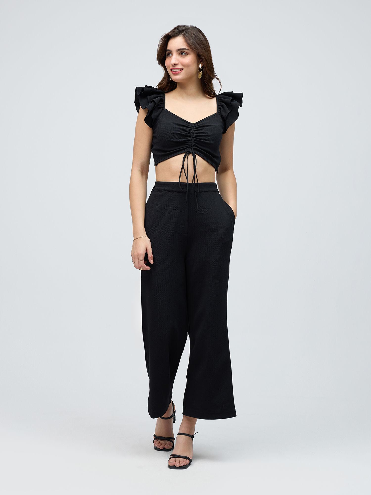 black solid sleeveless fitted pants co ord (set of 2)