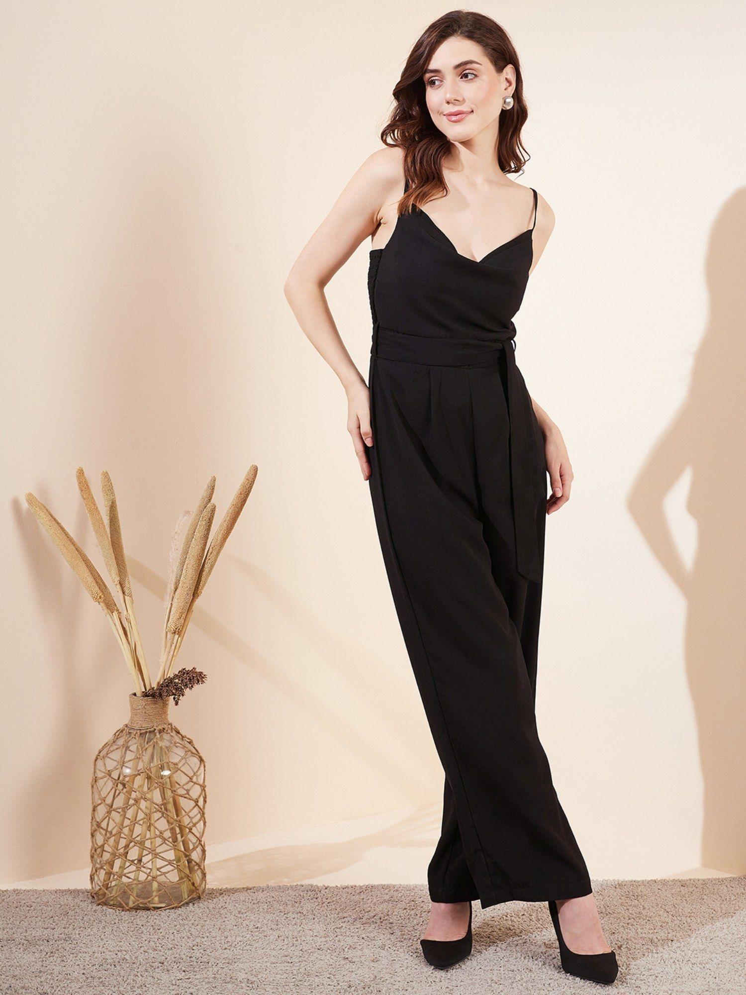 black solid sleeveless jumpsuit with belt (set of 2)