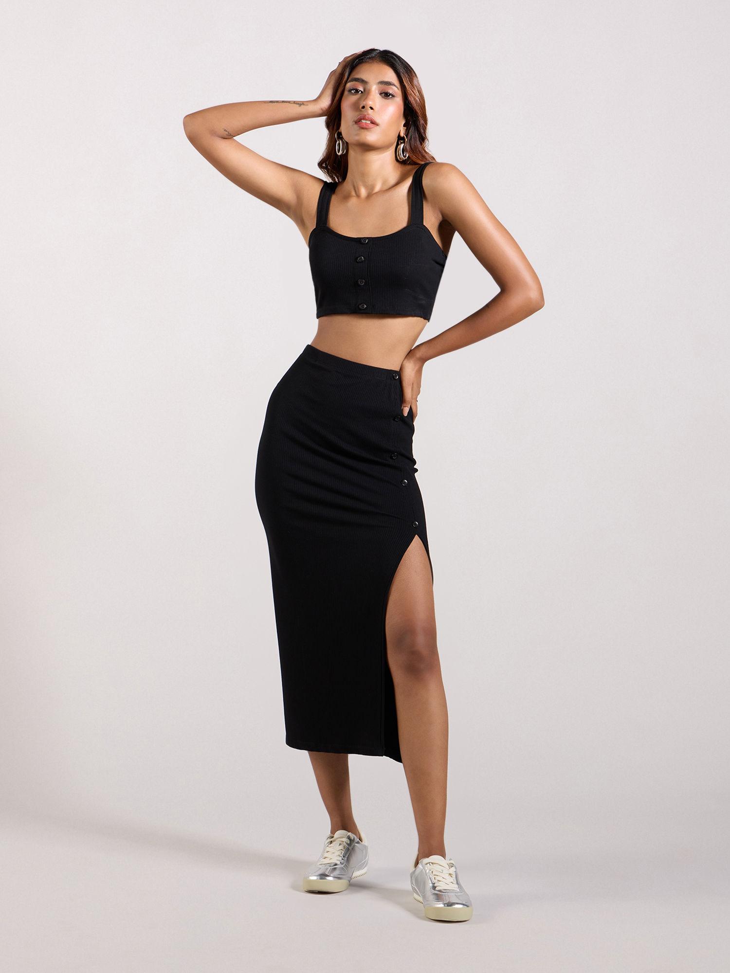 black solid square neck crop top high waist maxi skirt co-ord (set of 2)