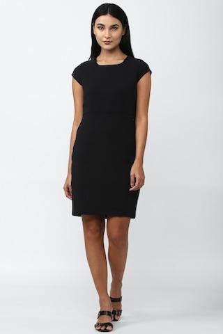 black solid square neck formal thigh-length cap sleeves women regular fit dress