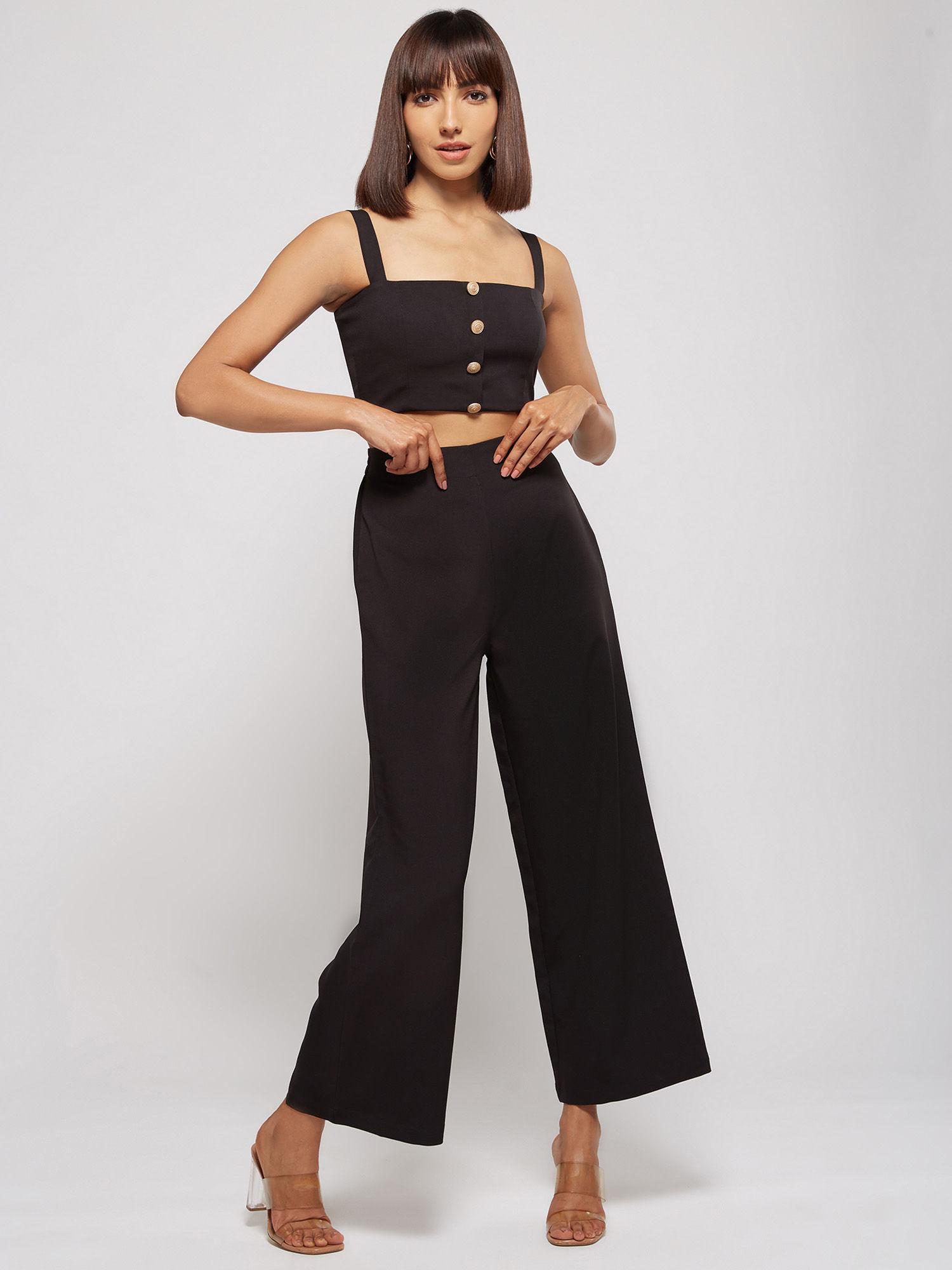 black solid square neck top and flared pants co-ord (set of 2)