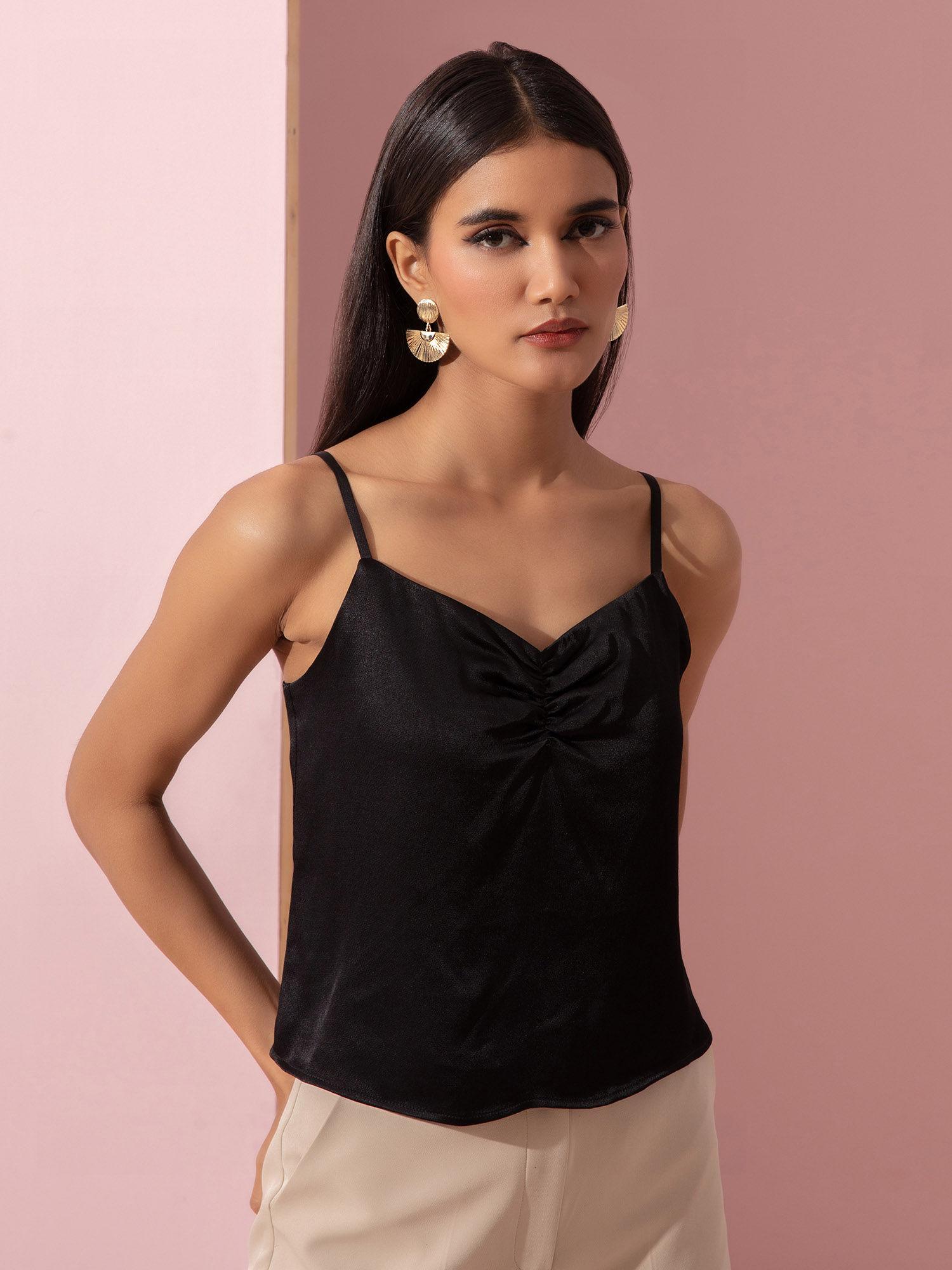 black solid strappy camisole top