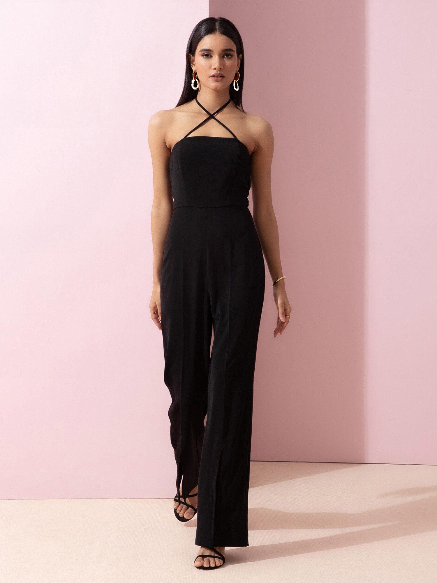 black solid strappy flare leg jumpsuit