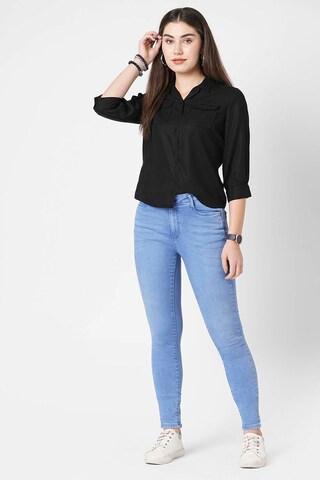 black solid tencel regular collar women slim fit shirts