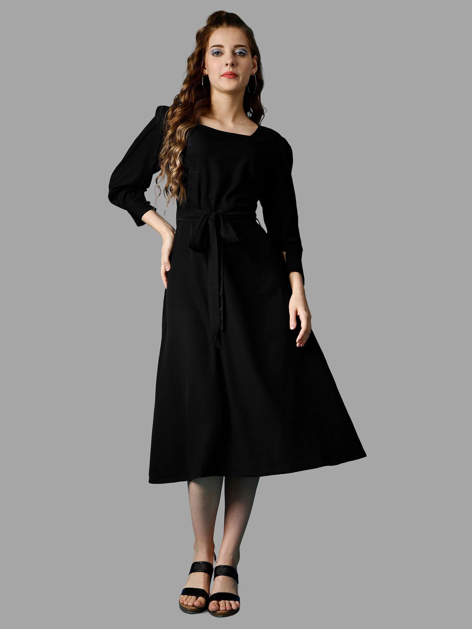 black solid three fourth sleeves midi dress for women with belt (set of 2)