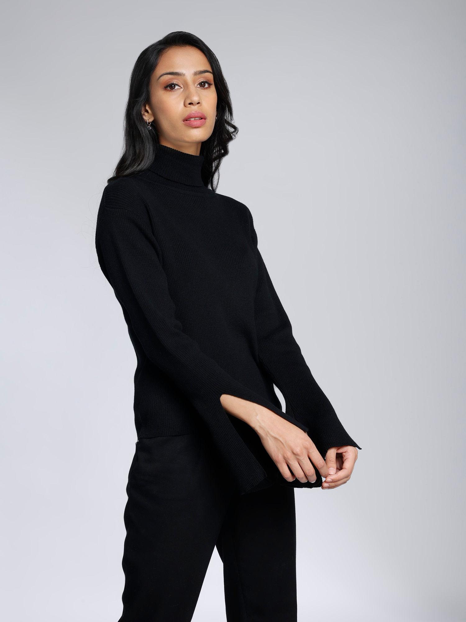 black solid turtle neck slit sleeves sweater top