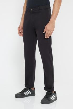 black solid twill peach slim fit stretch cotton trousers - black