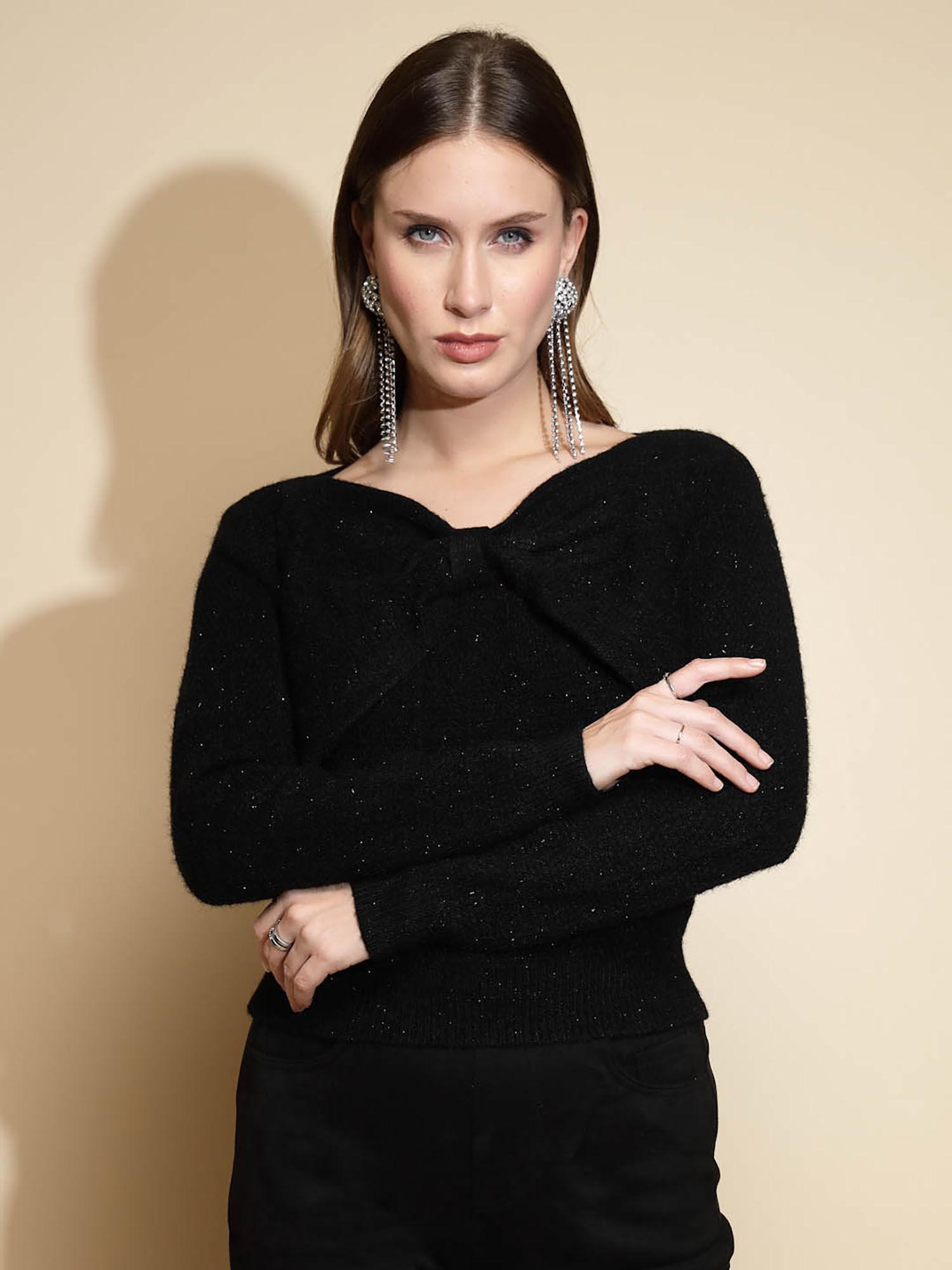 black solid v-neck acrylic sweater