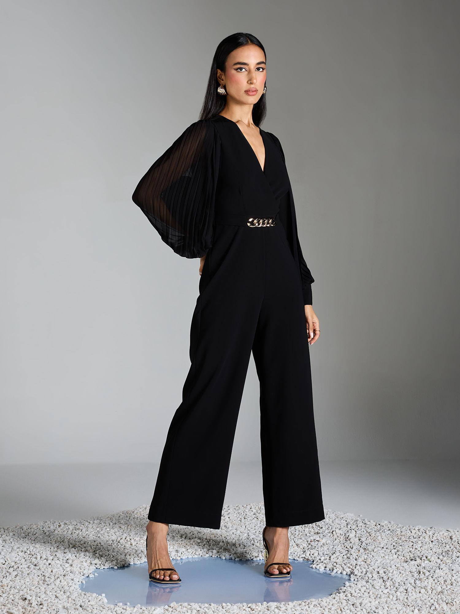 black solid v neck full sleeve straight fit jumpsuit