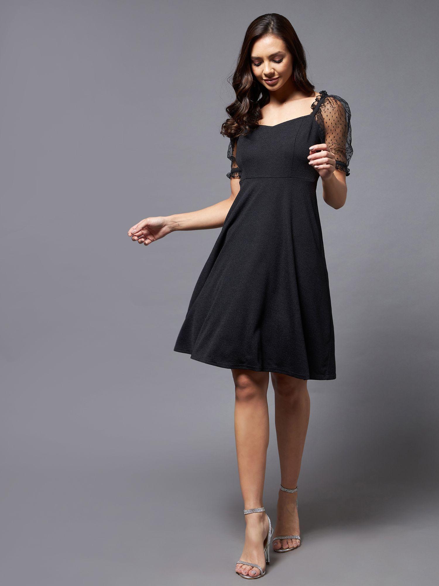 black solid v-neck half sleeve relaxed fit knee-long dress