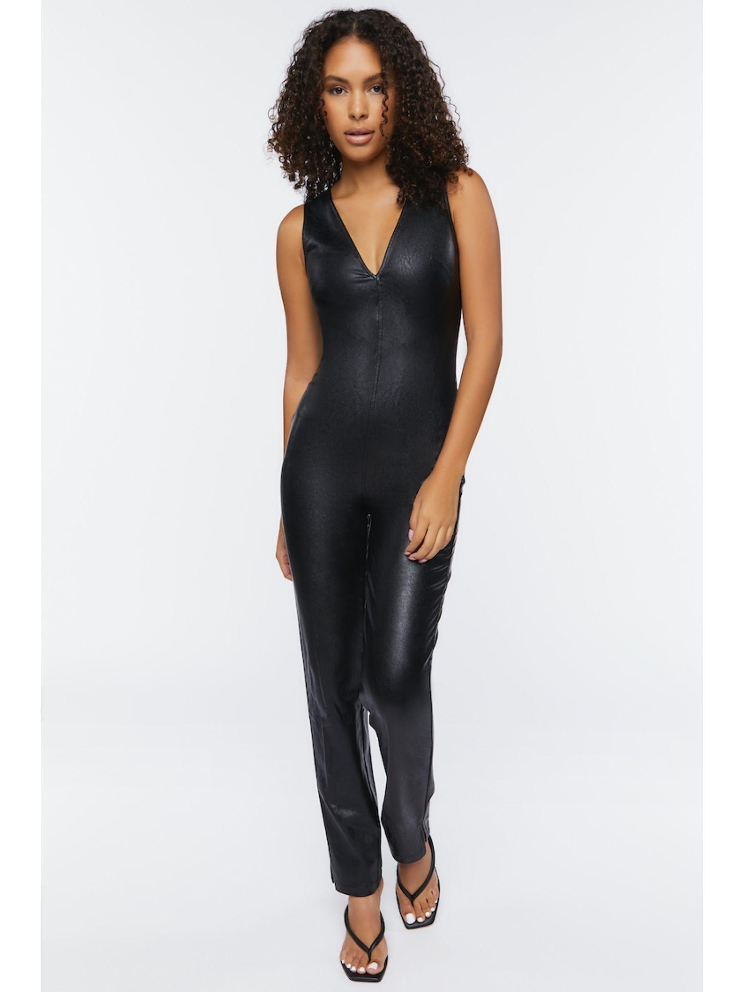 black solid v-neck jumpsuits