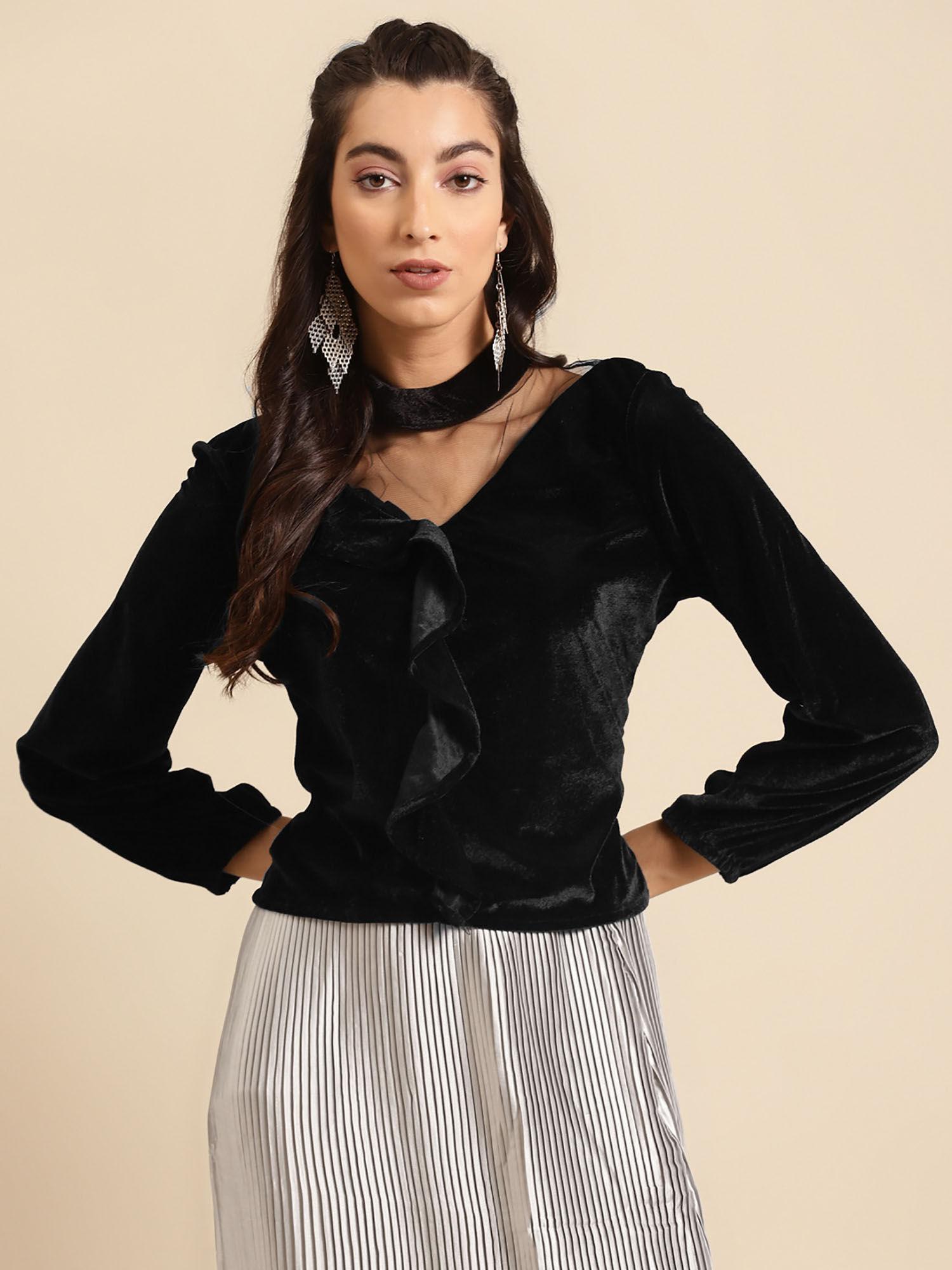 black solid velvet finish regular top