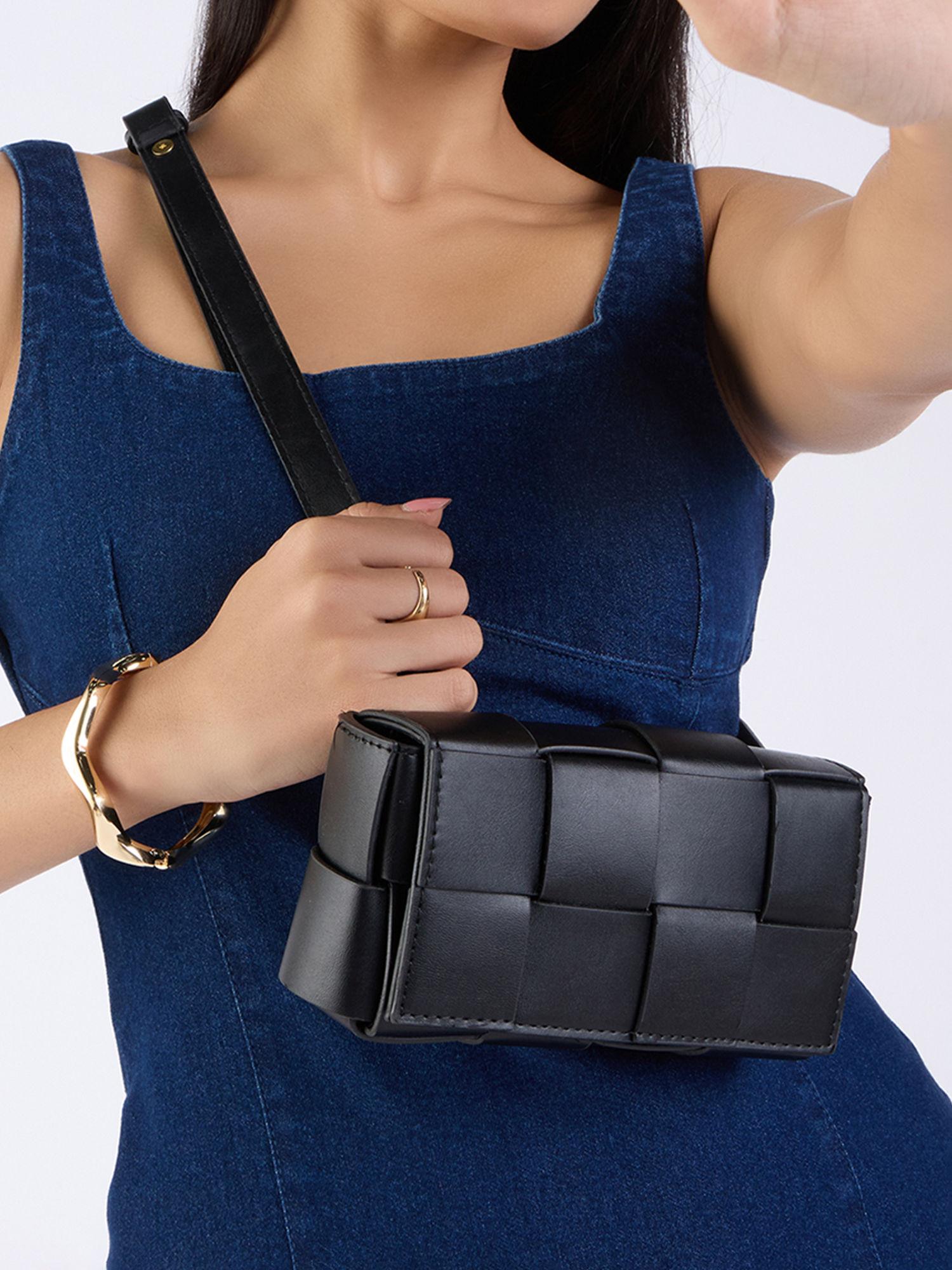 black solid woven rectangular belt bag