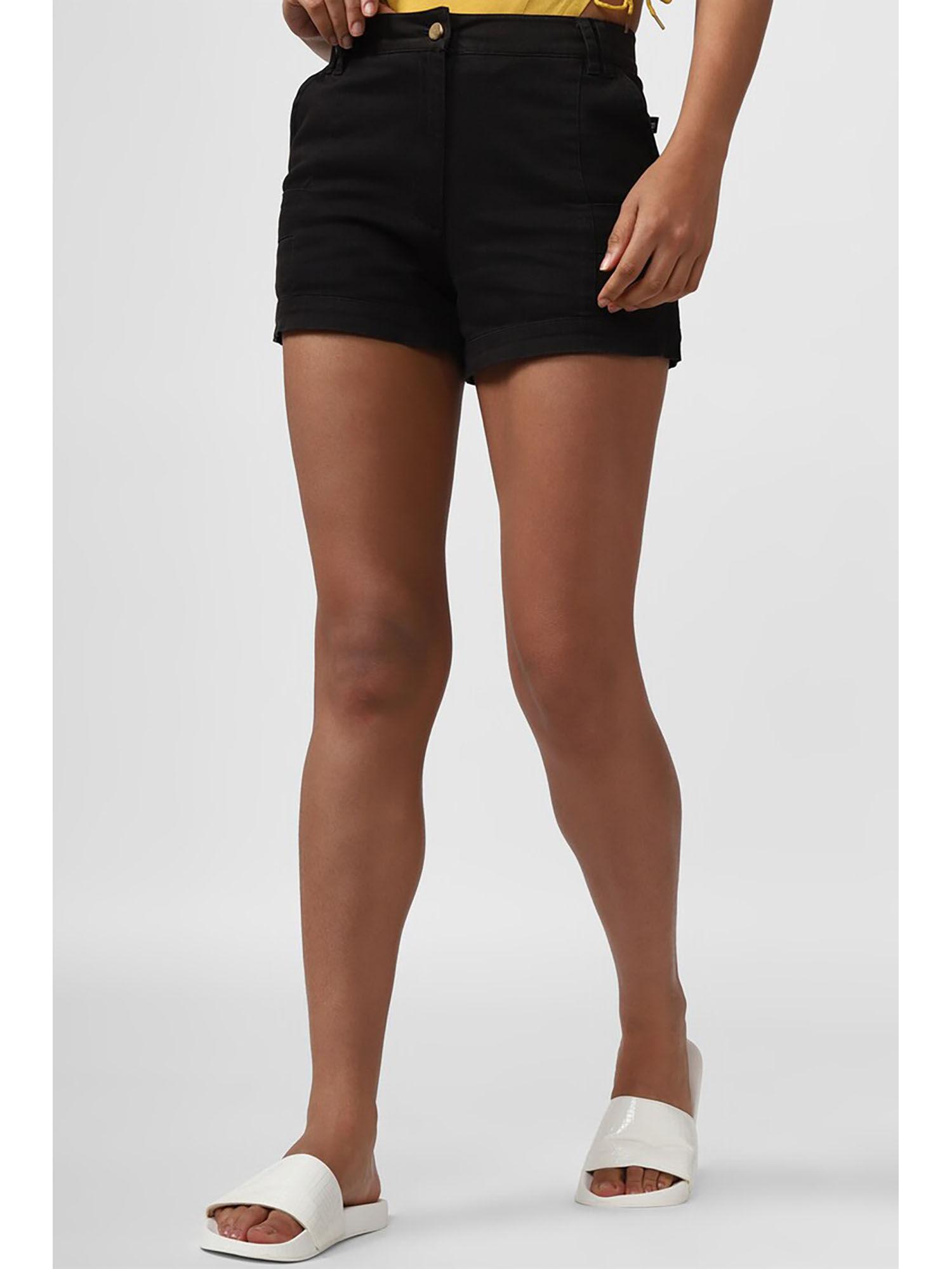 black solid woven shorts