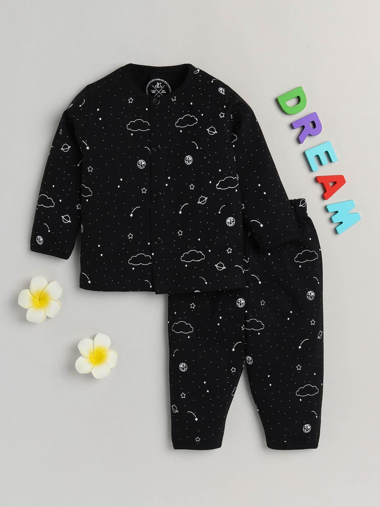 black space printed full sleeve night suit (set of 2)