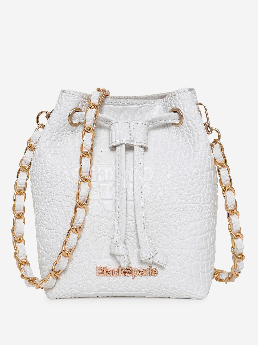 black spade white textured pu bucket sling bag with tasselled