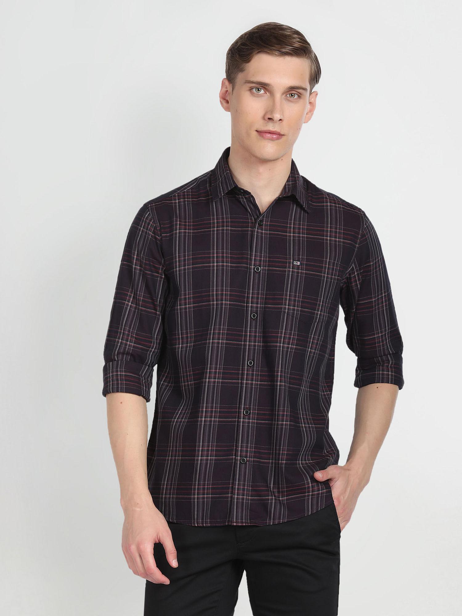 black spread collar tartan check casual shirt