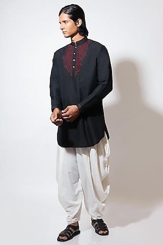 black spun cotton paisley embroidered pathani kurta set