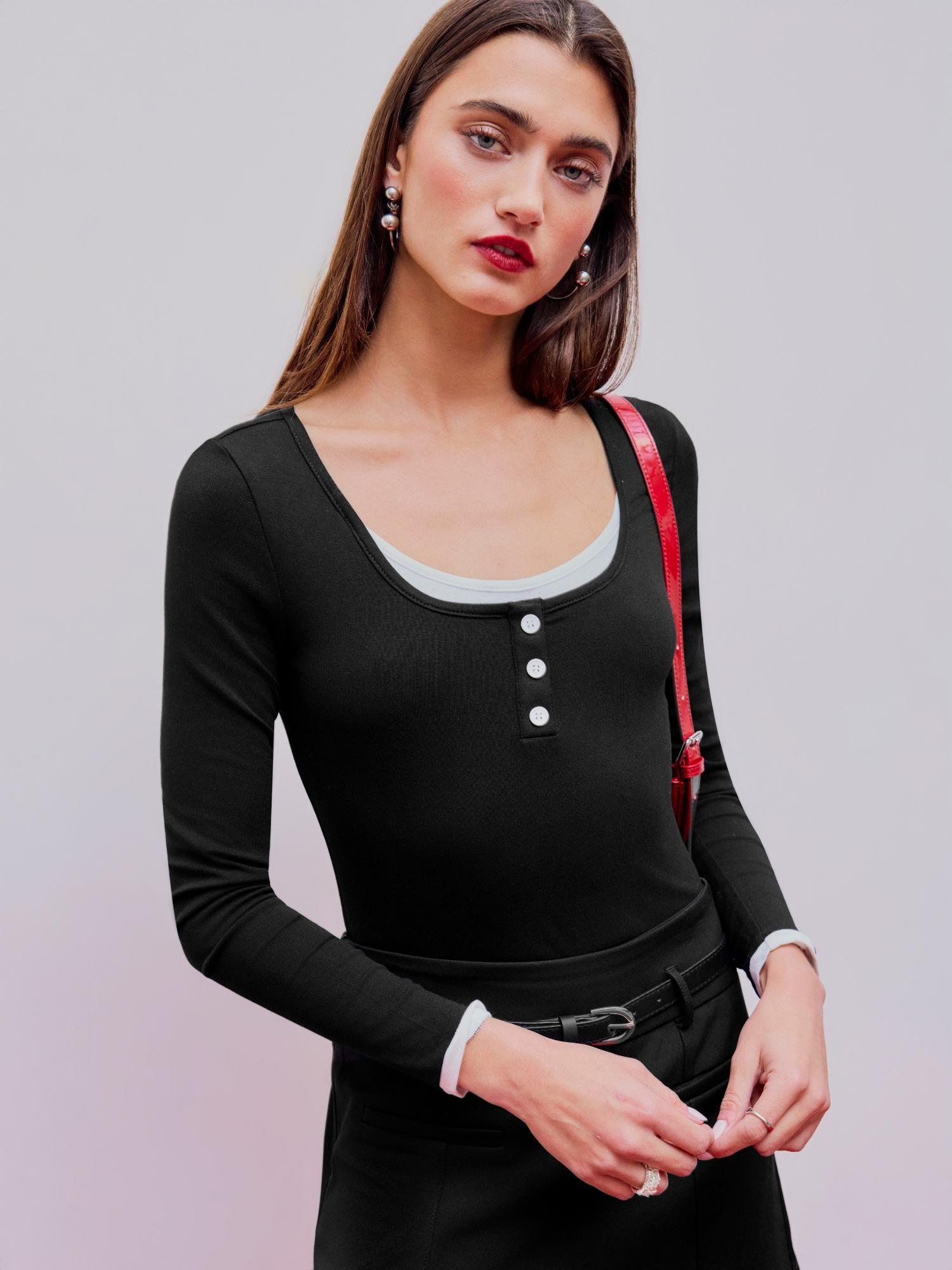 black square neck contrasting binding button bodysuit