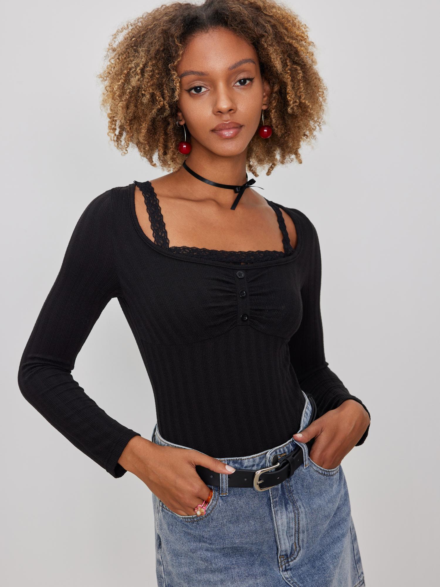 black square neck lace button bodysuit