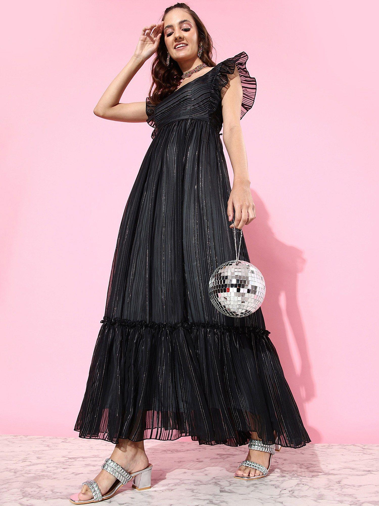 black square neck layered ruffles sleeve floral patterned tiered maxi dress