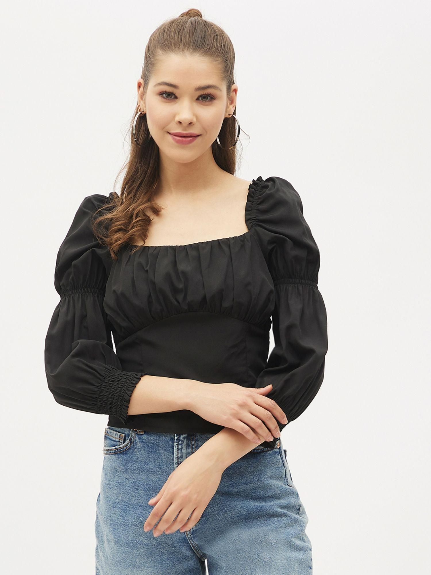 black square neck three-quarter sleeves solid casual top